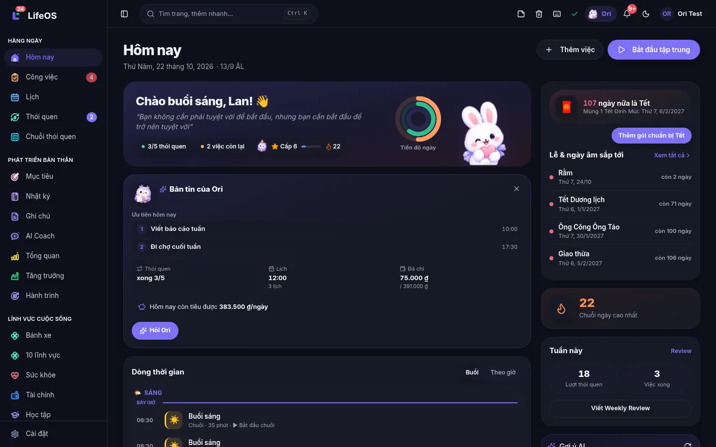 Màn hình Hôm nay của LifeOS trên máy tính