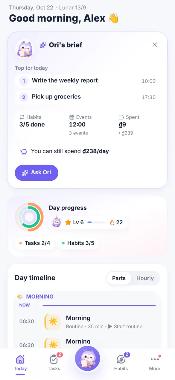 The LifeOS Today screen on a phone