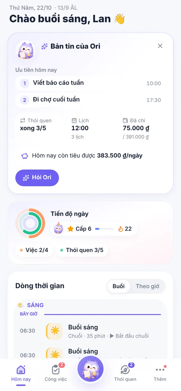 Màn hình Hôm nay của LifeOS trên điện thoại